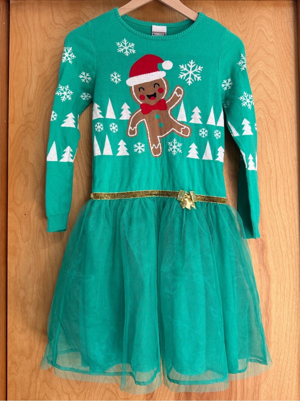 Holiday Christmas Gingerbread Dress Girls XL 14-16 Layered Tulle Skirt Bow Knit